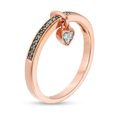 0.085 CT. T.W. Enhanced Champagne and White Diamond Heart-Shaped Dangle Ring in 10K Rose Gold with Black Rhodium