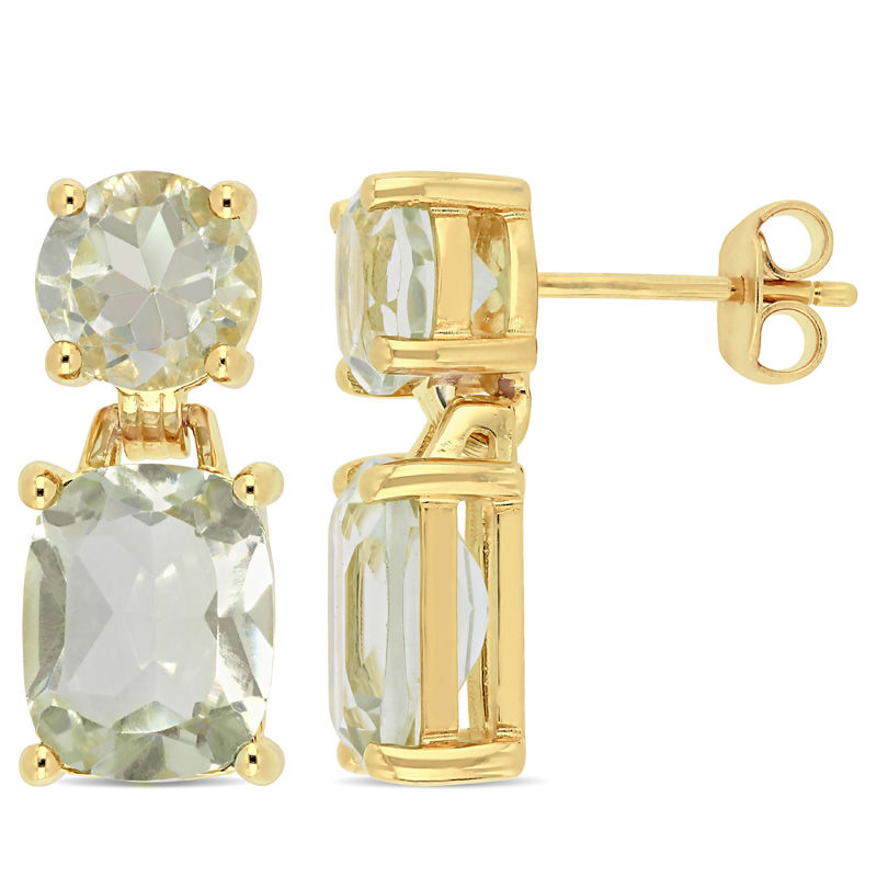 Cushion-Cut and Round Green Quartz Drop Earrings in Sterling Silver with Yellow Rhodium|Peoples Jewellers