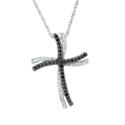 0.18 CT. T.W. Enhanced Black and White Diamond Double Wavy Cross Pendant in 10K White Gold