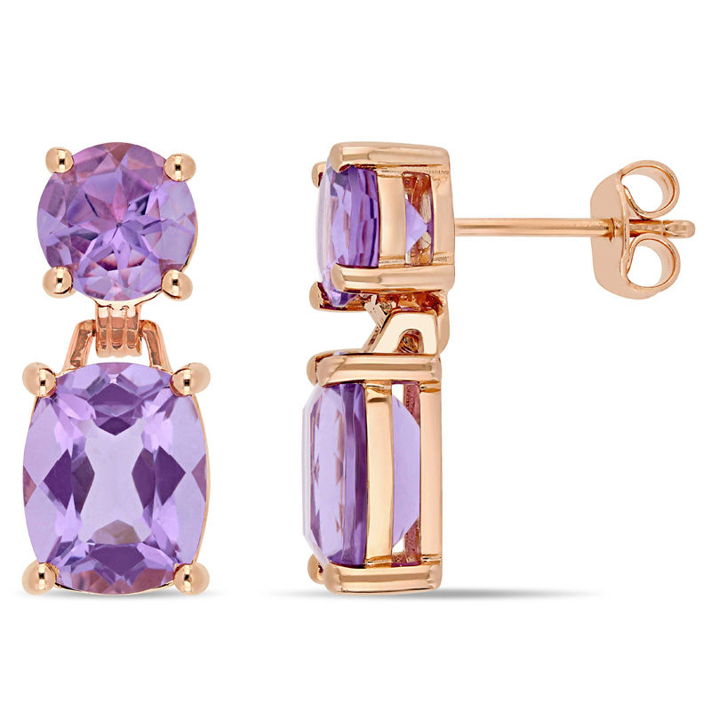 Cushion-Cut and Round Amethyst Drop Earrings in Sterling Silver with Rose Rhodium|Peoples Jewellers
