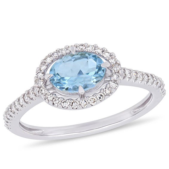 Sideways Oval Aquamarine and 0.23 CT. T.W. Diamond Frame Ring in 10K White Gold