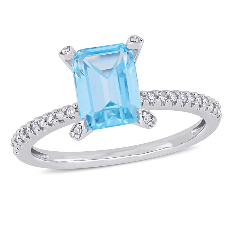 Emerald-Cut Sky Blue Topaz and 0.10 CT. T.W. Diamond Engagement Ring in 10K White Gold|Peoples Jewellers