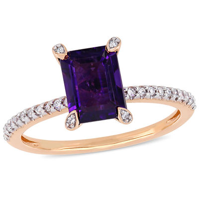 Emerald-Cut Amethyst and 0.10 CT. T.W. Diamond Engagement Ring in 10K Rose Gold