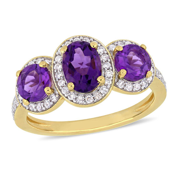 Oval Amethyst and 0.28 CT. T.W. Diamond Three Stone Frame Vintage-Style Ring in Sterling Silver with Yellow Rhodium