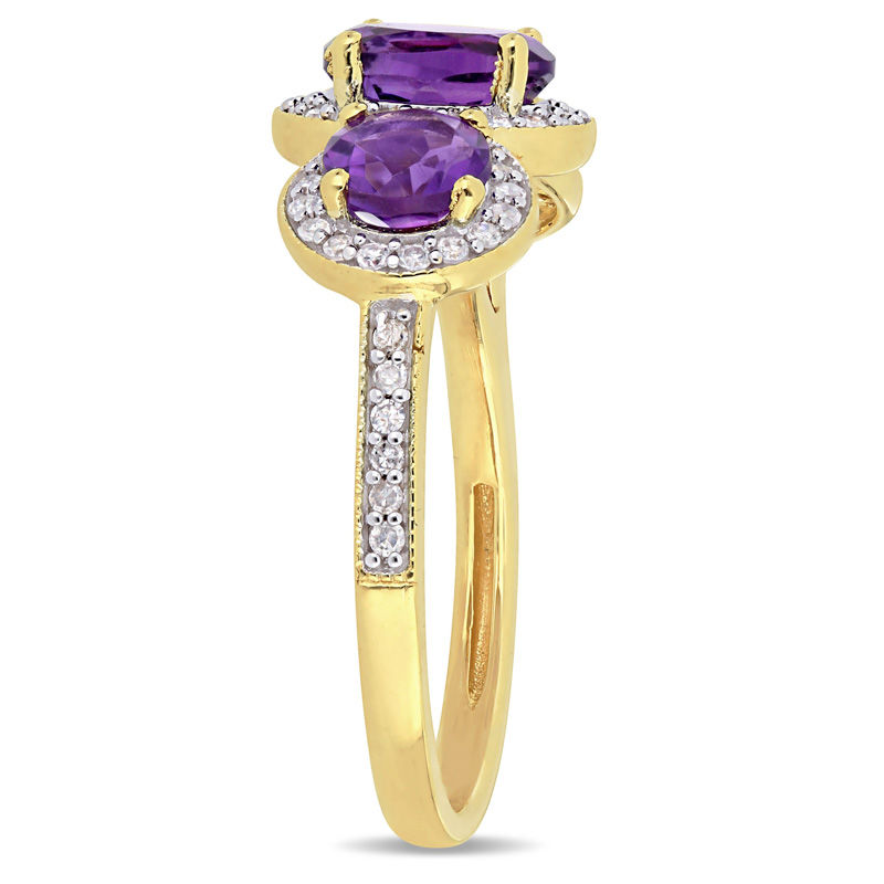 Oval Amethyst and 0.28 CT. T.W. Diamond Three Stone Frame Vintage-Style Ring in Sterling Silver with Yellow Rhodium|Peoples Jewellers