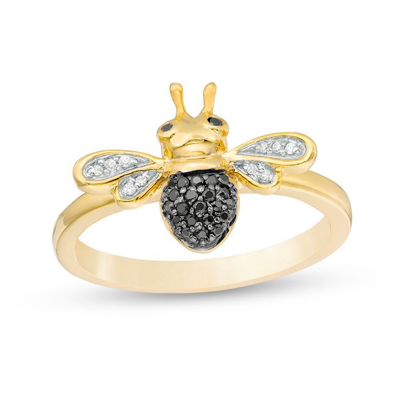 0.085 CT. T.W. Enhanced Black and White Diamond Bumble Bee Ring in Sterling Silver and 14K Gold Plate|Peoples Jewellers