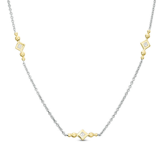 0.23 CT. T.W. Princess-Cut Diamond and Bead Station Necklace in 10K Two-Tone Gold