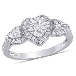 0.33 CT. T.W. Diamond Three Stone Heart Frame Petal-Sides Vintage-Style Engagement Ring in Sterling Silver