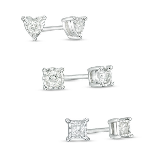 0.30 CT. T.W. Diamond Solitaire Stud Earrings Three Piece Set in Sterling Silver