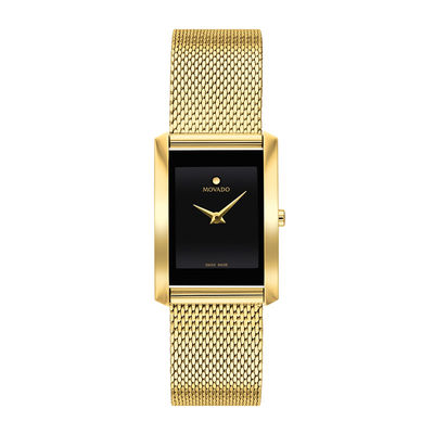 Ladies' Movado La Nouvelle Gold-Tone PVD Mesh Watch with Rectangular Black Dial (Model: 0607189)