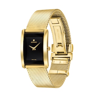 Ladies' Movado La Nouvelle Gold-Tone PVD Mesh Watch with Rectangular Black Dial (Model: 0607189)