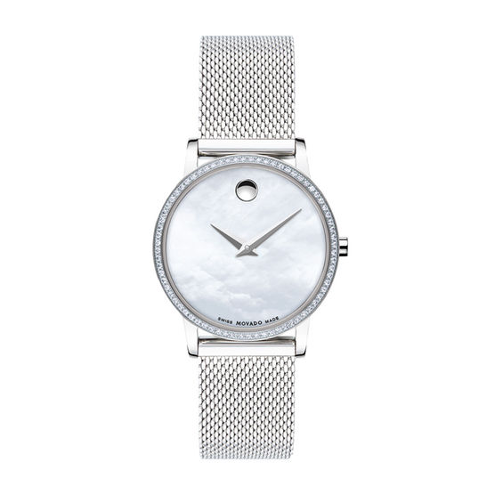 Ladies' Movado Museum® Classic 0.22 CT. T.W. Diamond Mesh Watch with White Mother-of-Pearl Dial (Model: 0607306)