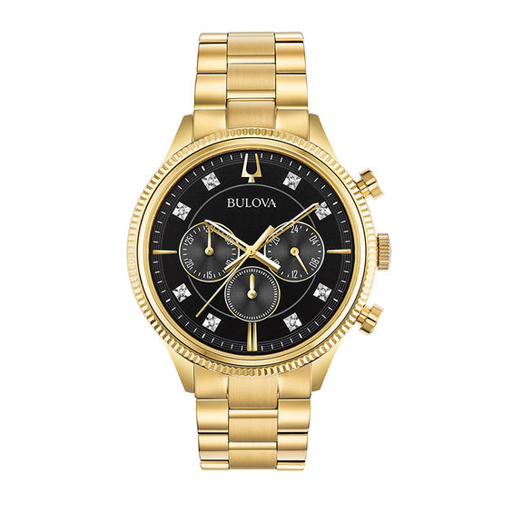 Peoples Men s Bulova Diamond Accent Gold Tone Chronograph Watch with Black Dial Model 97D119 Shop Midtown