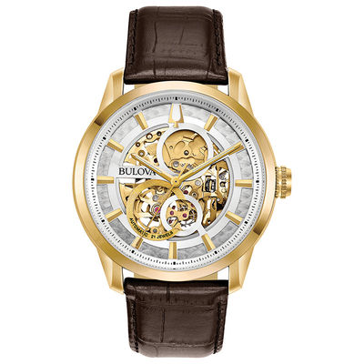 Men's Bulova Sutton Automatic Gold-Tone Strap Watch with Silver-Tone Skeleton Dial (Model: 97A138)