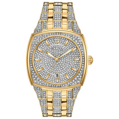 Men's Bulova Phantom Crystal Accent Gold-Tone Watch with Square Silver-Tone Dial (Model: 98B323)