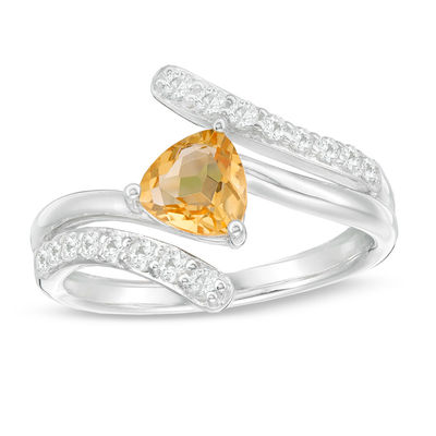 6.0mm Trillion-Cut Citrine and Lab-Created White Sapphire Bypass Ring in Sterling Silver