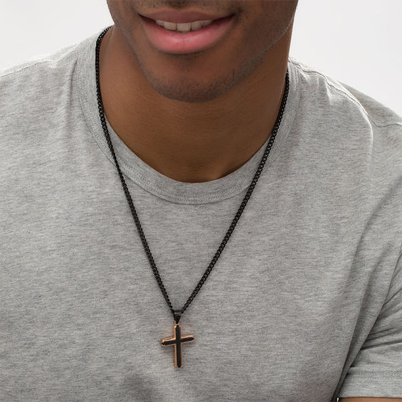 Men's Bevelled Edge Cross Pendant in Stainless Steel with Black and Rose IP - 24"