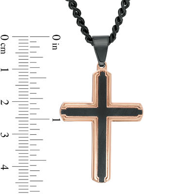 Men's Bevelled Edge Cross Pendant in Stainless Steel with Black and Rose IP - 24"