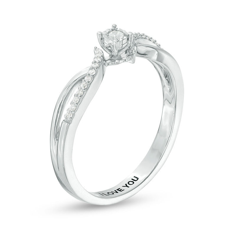 Engravable 1/10 CT. T.W. Diamond Bypass Split Shank Promise Ring in Sterling Silver (1 Line)
