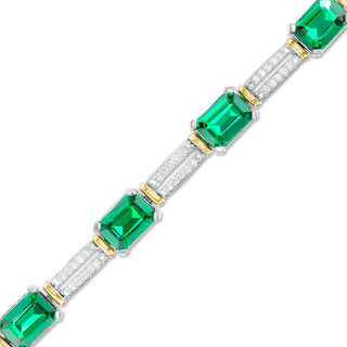 Emerald-Cut Lab-Created Emerald and 0.45 CT. T.W. Diamond Double Row Bracelet in Sterling Silver and 10K Gold - 7.5"