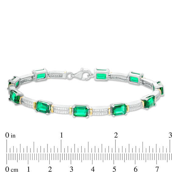 Emerald-Cut Lab-Created Emerald and 0.45 CT. T.W. Diamond Double Row Bracelet in Sterling Silver and 10K Gold - 7.5"