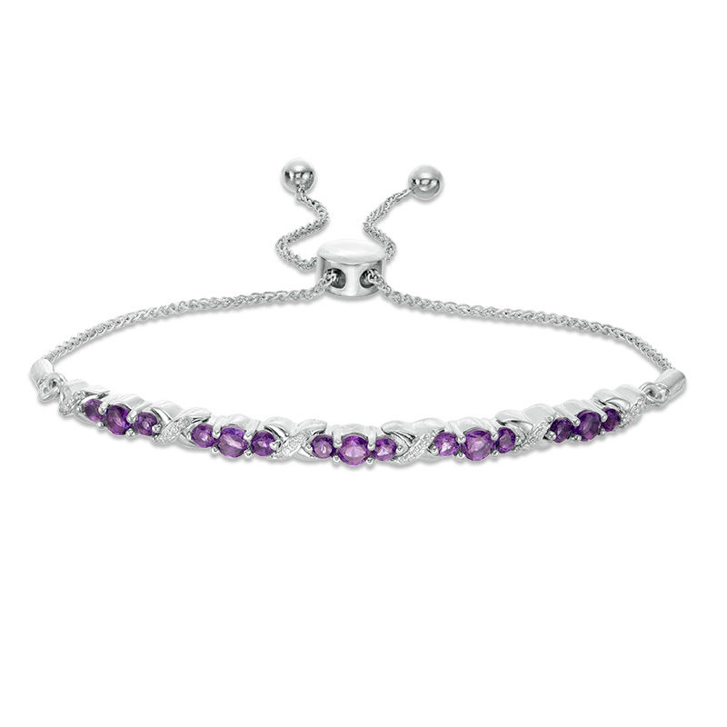 Amethyst and 0.066 CT. T.W. Diamond Three Stone "X" Bolo Bracelet in Sterling Silver - 9.5"|Peoples Jewellers