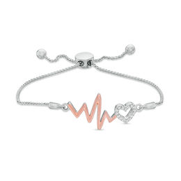 Lab-Created White Sapphire Heart Outline and Heartbeat Bolo Bracelet in Sterling Silver and 10K Rose Gold - 9.5&quot;