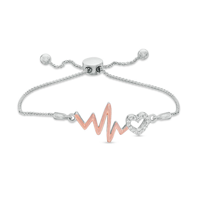 Lab-Created White Sapphire Heart Outline and Heartbeat Bolo Bracelet in Sterling Silver and 10K Rose Gold - 9.5"