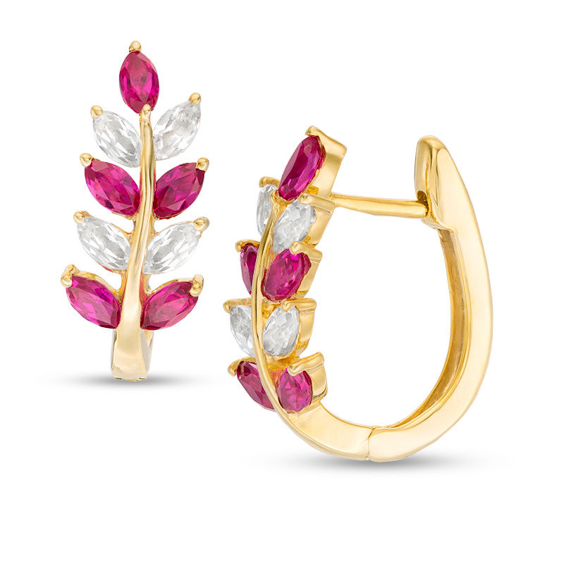 Marquise Lab-Created Ruby and White Sapphire Leaf Branch Hoop Earrings in Sterling Silver with 14K Gold Plate|Peoples Jewellers