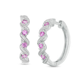 Lab-Created Pink Sapphire and 0.119 CT. T.W. Diamond Cascading Hoop Earrings in Sterling Silver