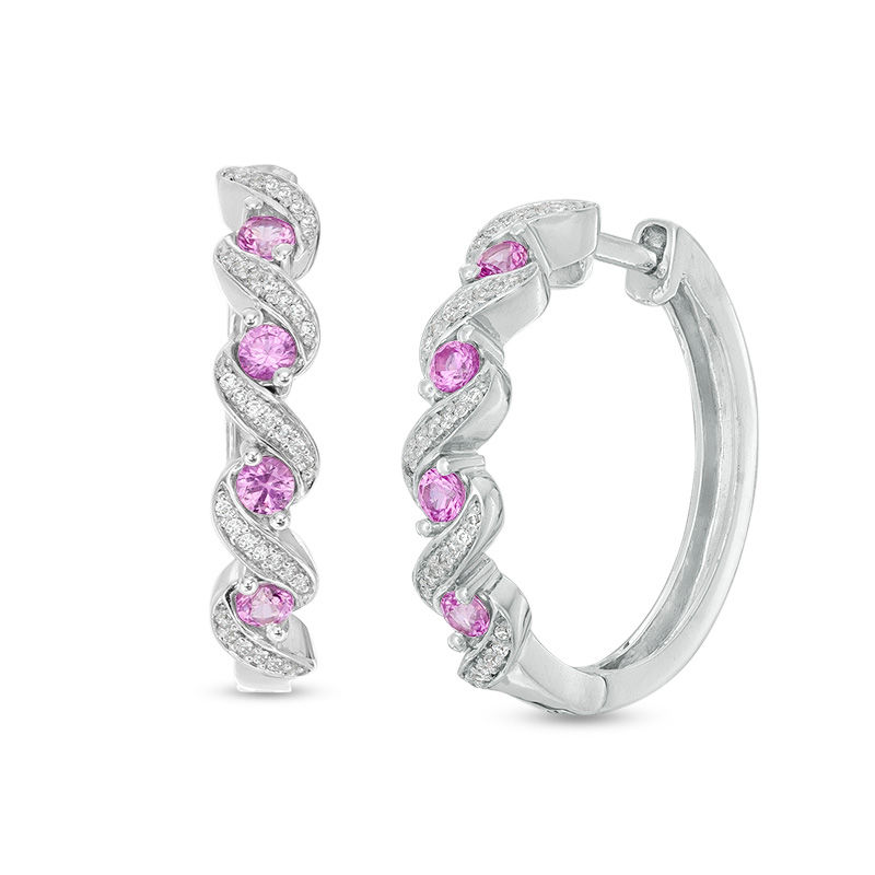Lab-Created Pink Sapphire and 0.119 CT. T.W. Diamond Cascading Hoop Earrings in Sterling Silver|Peoples Jewellers