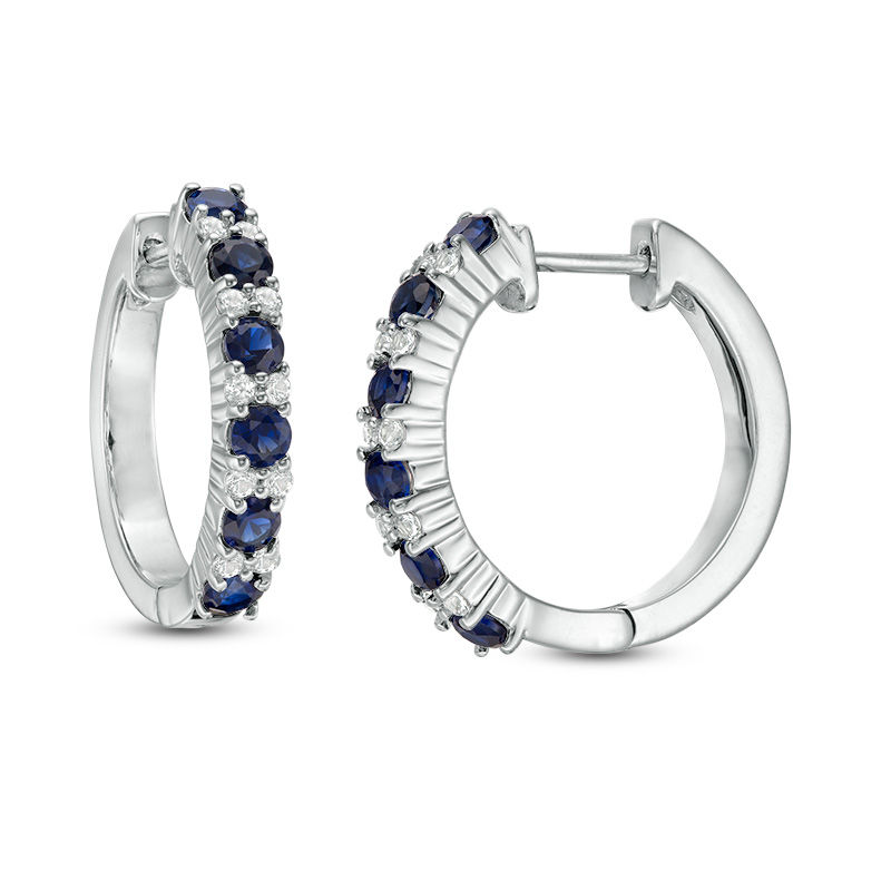 Lab-Created Blue and White Sapphire Alternating Hoop Earrings in Sterling Silver|Peoples Jewellers