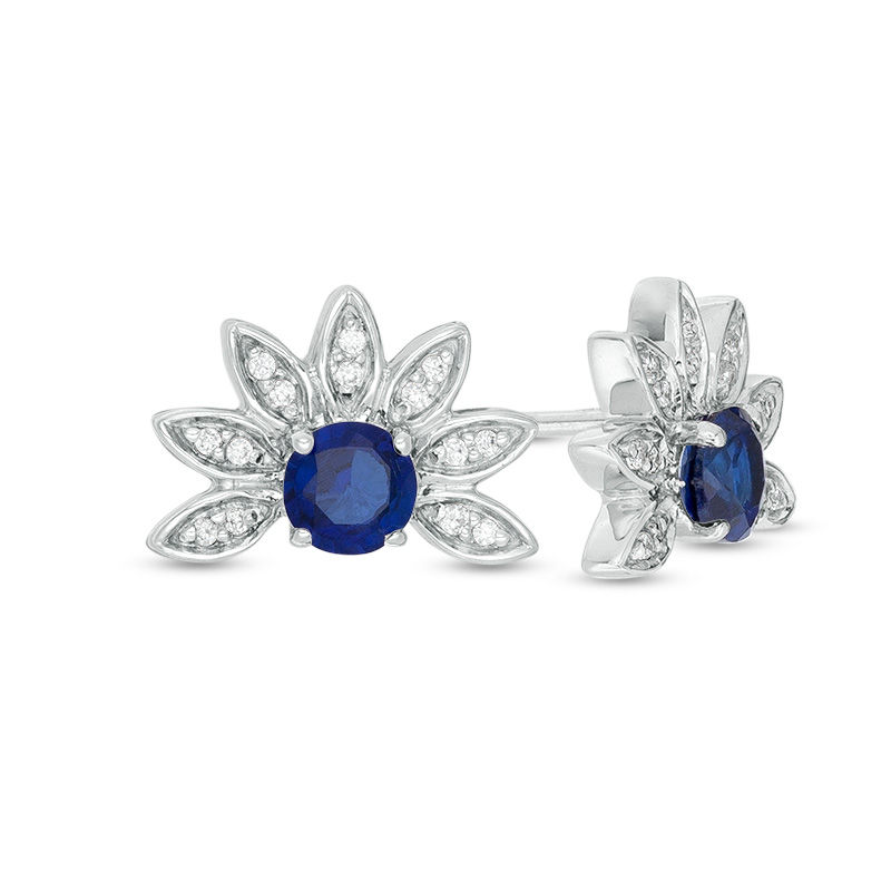 4.0mm Lab-Created Blue Sapphire and 0.086 CT. T.W. Diamond Flower Petals Stud Earrings in Sterling Silver|Peoples Jewellers