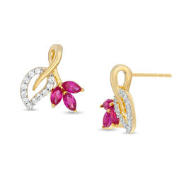 Marquise Lab-Created Ruby and White Sapphire Looping Leaf Outline and Trio Stud Earrings in 10K Gold