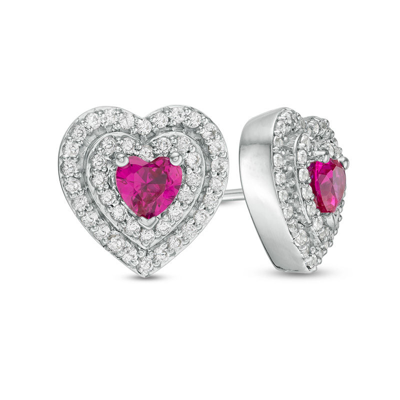 4.0mm Heart-Shaped Lab-Created Ruby and White Sapphire Double Frame Stud Earrings in Sterling Silver|Peoples Jewellers