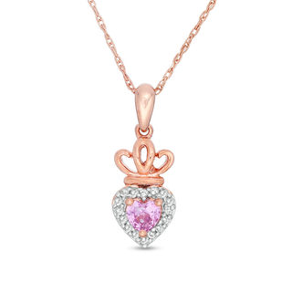 Lab-Created Pink and White Sapphire Frame Heart with Crown Pendant in 10K Rose Gold