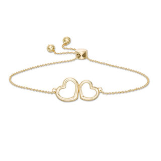 Double Heart Outline Bolo Bracelet in 10K Gold - 9.5"