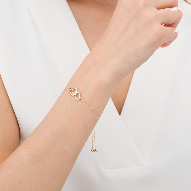 Double Heart Outline Bolo Bracelet in 10K Gold - 9.5"|Peoples Jewellers