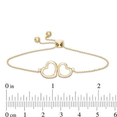 Double Heart Outline Bolo Bracelet in 10K Gold - 9.5"