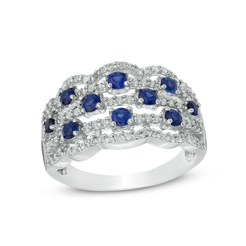 Lab-Created Blue and White Sapphire Scallop Edge Orbit Ring in Sterling Silver