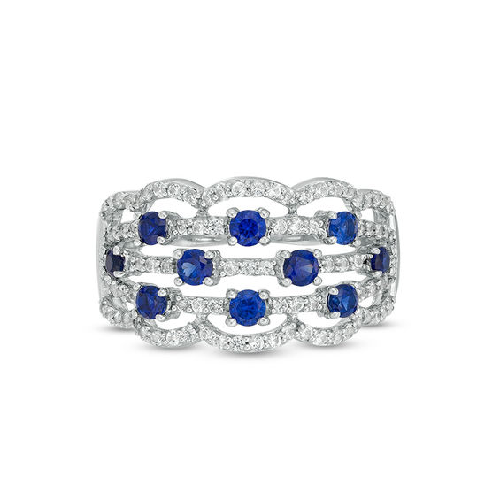 Lab-Created Blue and White Sapphire Scallop Edge Orbit Ring in Sterling Silver