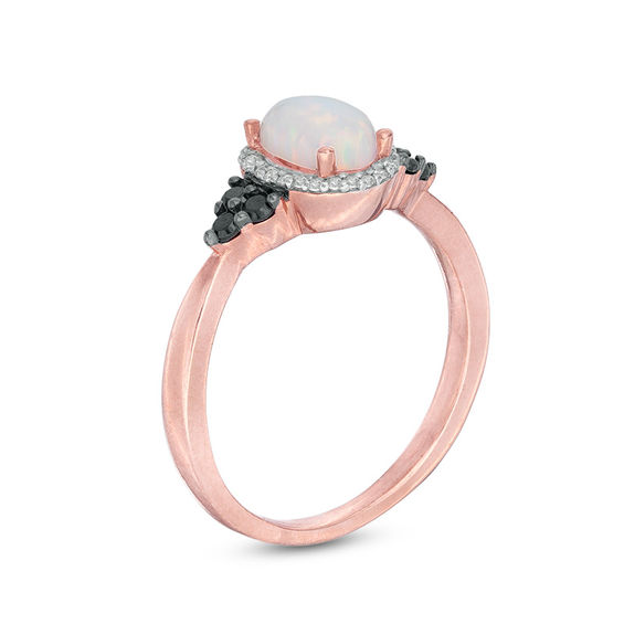 Oval Lab-Created Opal and 0.145 CT. T.W. Enhanced Black and White Diamond Frame Tri-Sides Ring in 10K Rose Gold