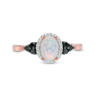 Oval Lab-Created Opal and 0.145 CT. T.W. Enhanced Black and White Diamond Frame Tri-Sides Ring in 10K Rose Gold