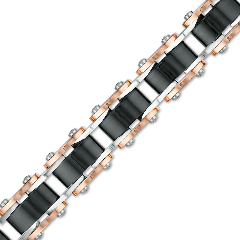 Men's Triple Row Rectangle Link Bracelet in Stainless Steel and Black and Rose IP - 8.5"
