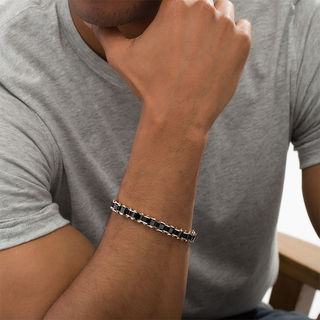 Men's Triple Row Rectangle Link Bracelet in Stainless Steel and Black and Rose IP - 8.5"