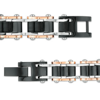 Men's Triple Row Rectangle Link Bracelet in Stainless Steel and Black and Rose IP - 8.5"