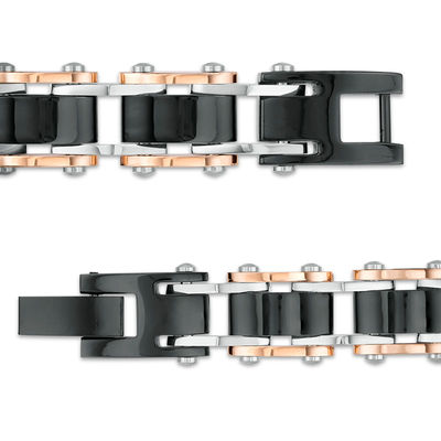 Men's Triple Row Rectangle Link Bracelet in Stainless Steel and Black and Rose IP - 8.5"