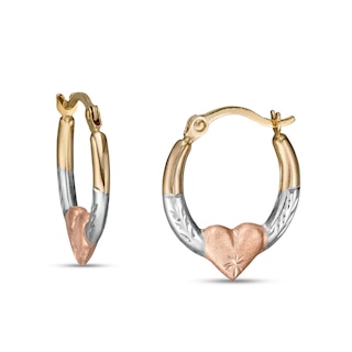 17.0mm Multi-Finish with Puff Heart Tube Huggie Hoop Earrings in 14K Tri-Tone Gold