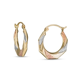 18.0mm Multi-Finish Twist Geometric Tube Hoop Earrings in 14K Tri-Tone Gold