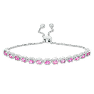 Oval Lab-Created Pink Sapphire and 0.086 CT. T.W. Diamond Frame Bolo Bracelet in Sterling Silver - 9.5"